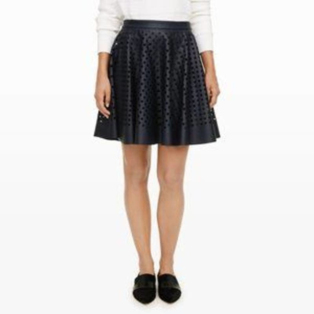 Club Monaco Laser Cut Perforated Faux Leather Circle Flare Skirt Black Size 6